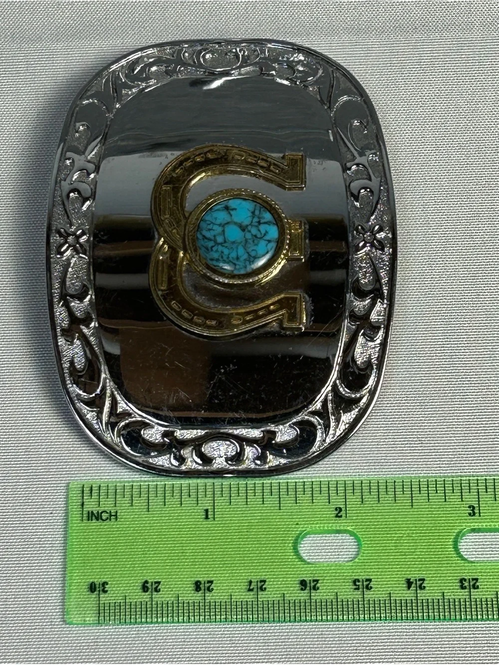 Vintage 2-Tone Dual Horseshoe Western Belt Buckle Faux Turquoise Stone Americana